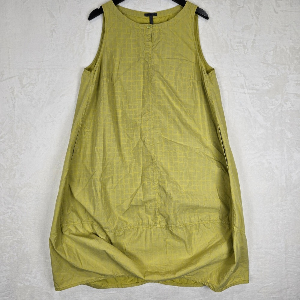 Oska Women Chartreuse Yellow Cotton Grid Sleeveless Lantern Midi Dress Size 3